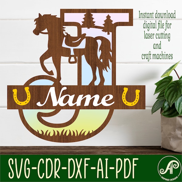 Horse monogram letter Name signs. 3 layers SVG laser cut template, door or wall hanger, vector file ai, cdr, dxf pdf instant download