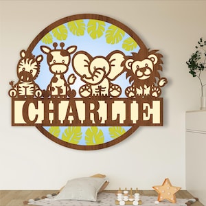 Download digitale Simpatico cartello con nome a 4 strati per animali Safari, SVG, cartello a tema animale, modello tagliato al laser, file vettoriale per il download istantaneo