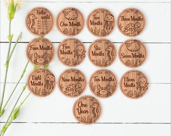 Ocean animals monthly milestone discs - laser engraved SVG Baby photo shoot props -(Digital download)