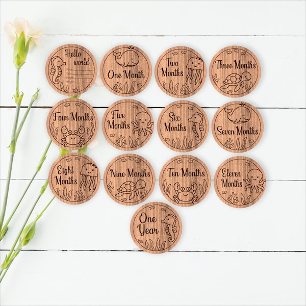 Ocean animals monthly milestone discs - laser engraved SVG Baby photo shoot props -(Digital download)