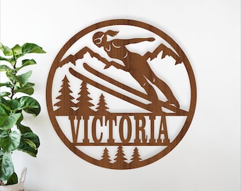 Personalized Ski Jumper Name Sign SVG, Female Skier Wall Art Laser cut (Digital Download)