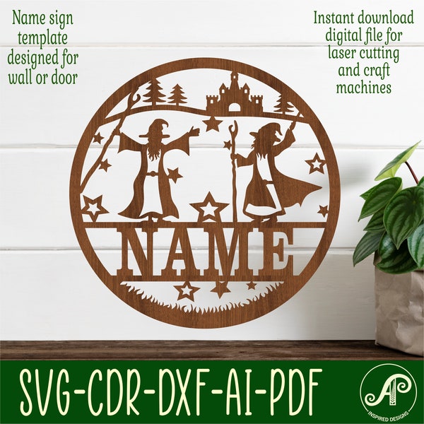 Wizards name sign, SVG, fantasy themed door or wall hanger, Laser cut template, instant download Vector file Ai, Cdr, Dxf