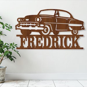 Plantilla de corte láser SVG de letrero con nombre de diseño de automóvil clásico 2, SVG, AI, CDR, DXF, descarga instantánea en PDF, letrero de pared para amantes de los automóviles 54