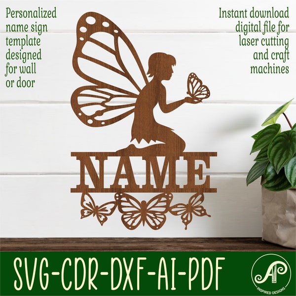 Butterfly fairy name sign SVG, fantasy themed nursery décor, Laser cut template, instant download Vector file Ai, Cdr, Dxf