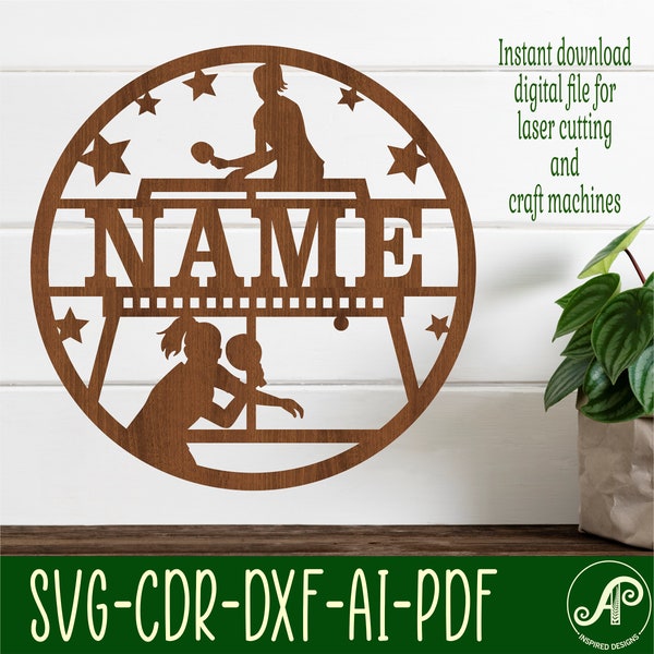 Table Tennis female name sign, SVG, sports themed door or wall hanger, Laser cut template, instant download Vector file Ai, Cdr, Dxf