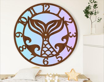Mermaid tail wall clock laser cut files, SVG file. vector file ai, cdr, dxf instant download digital design, cut file template