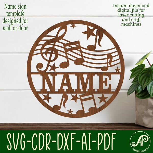 Music name sign, SVG, musical and star theme door or wall hanger, Laser cut template, instant download Vector file Ai, Cdr, Dxf