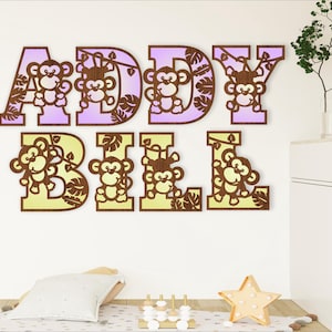 Lindo conjunto de letras del alfabeto de mono. Letras de 2 capas. 47 opciones de letras. Archivos vectoriales SVG ai, cdr, dxf y pdf/descarga digital instantánea.