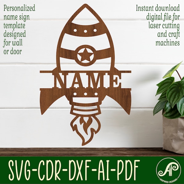 Rocket Name sign SVG laser cut template, door or wall hanger, vector file ai, cdr, dxf pdf instant download