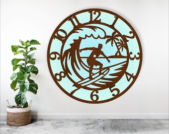 Surfers Wall Clock SVG Template: Laser Cut Surfing Design (Digital Download)