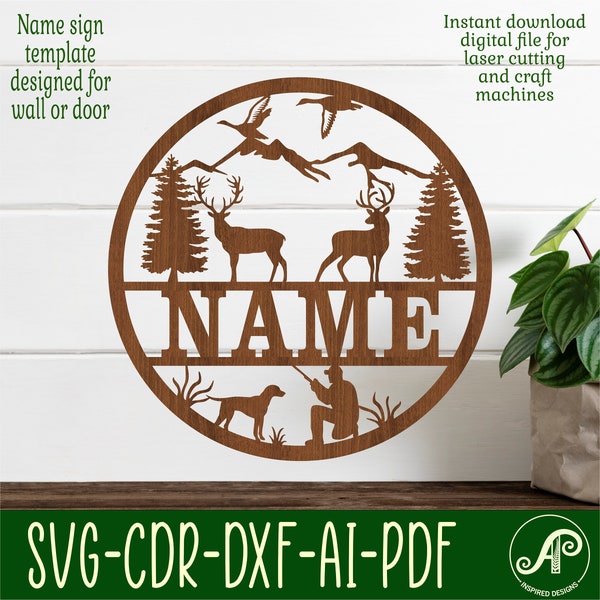 Hunting name sign, SVG, nature themed door or wall hanger, Laser cut template, instant download Vector file Ai, Cdr, Dxf