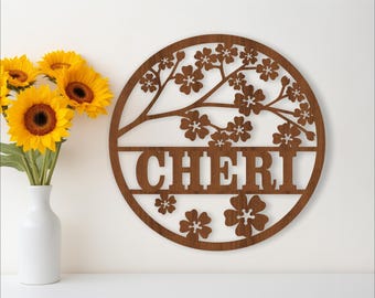 Cherry Blossom Name Sign: Laser Cut Door Hanger (Digital Download)