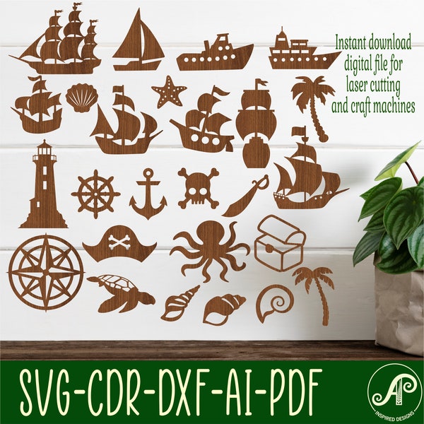 Nautical designs. 26 laser cut shapes SVG vector files. ai, cdr, dxf instant download Ship, Boats, sealife cut outs SVG