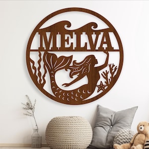 Letrero con nombre de sirena, SVG, letrero para habitación infantil con diseño de océano, plantilla cortada con láser, descarga instantánea, archivo vectorial Ai, Cdr, Dxf
