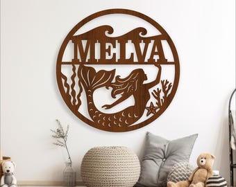 Mermaid name sign, SVG, ocean nursery kids room sign, Laser cut template, instant download Vector file Ai, Cdr, Dxf