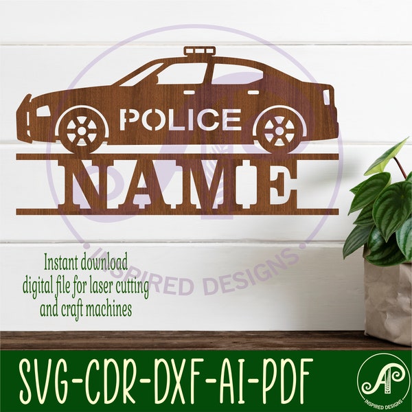 Police car name sign svg laser cut template, door or wall hanger, svg, ai, cdr, dxf pdf instant download, Rescue vehicle name sign