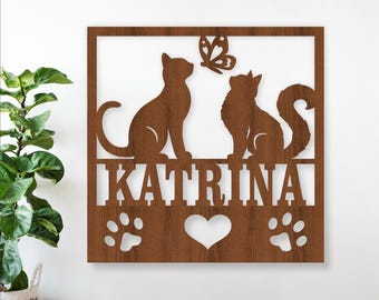Cats and Butterfly Name Sign SVG – Square Laser Cut File, Personalized Wall Decor