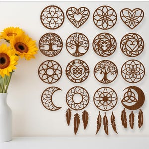 Dreamcatcher progetta 16 cerchi e 3 opzioni di piume, file tagliato al laser. File vettoriale SVG, ai, cdr, dxf download immediato