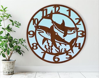 Shark wall clock laser cut files, SVG file. vector file ai, cdr, dxf instant download digital design, cut file template