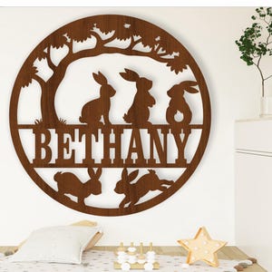 Panneau de nom de chambre d'enfant lapins, fichier découpé au laser SVG, porte ou support mural sur le thème des animaux, téléchargement immédiat modèle vectoriel Ai, Cdr, Dxf