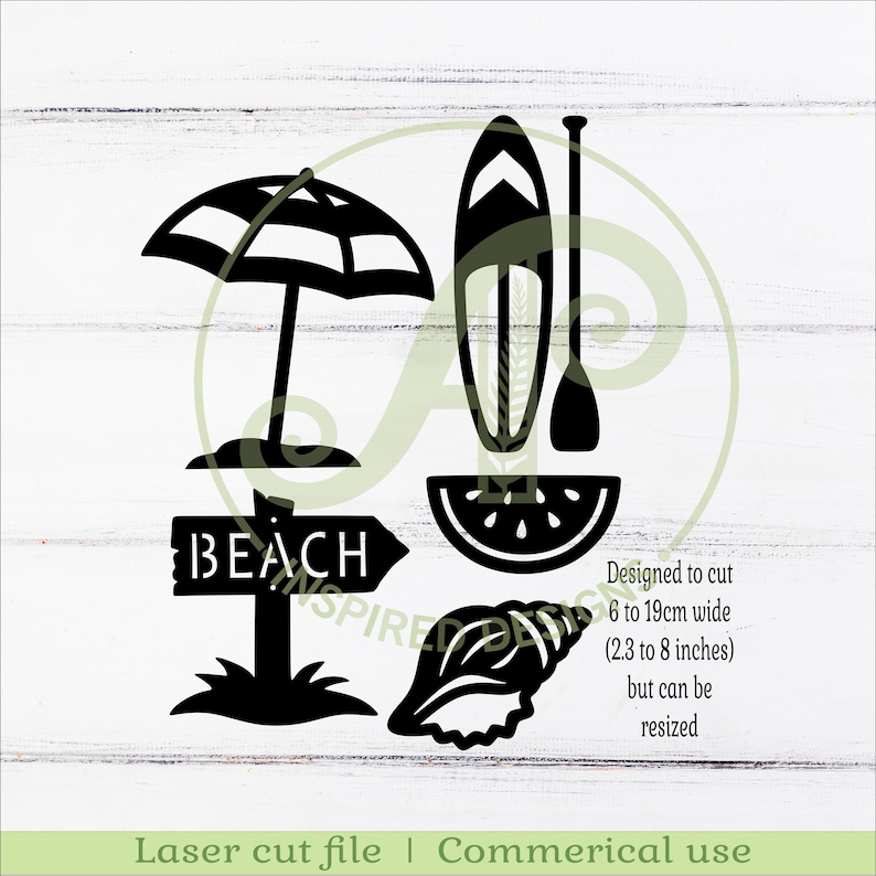May include: Black laser cut file featuring beach-themed elements: an umbrella, surfboard with paddle, watermelon slice, seashell, and a "Beach" sign. Designed to be cut 2.3 to 8 inches wide. Includes text: "Laser cut file | Commerical use."