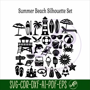 Beach Silhouette SVG Bundle, Summer Laser Cut Files, 30 Beach Icons (Digital Download) image 9
