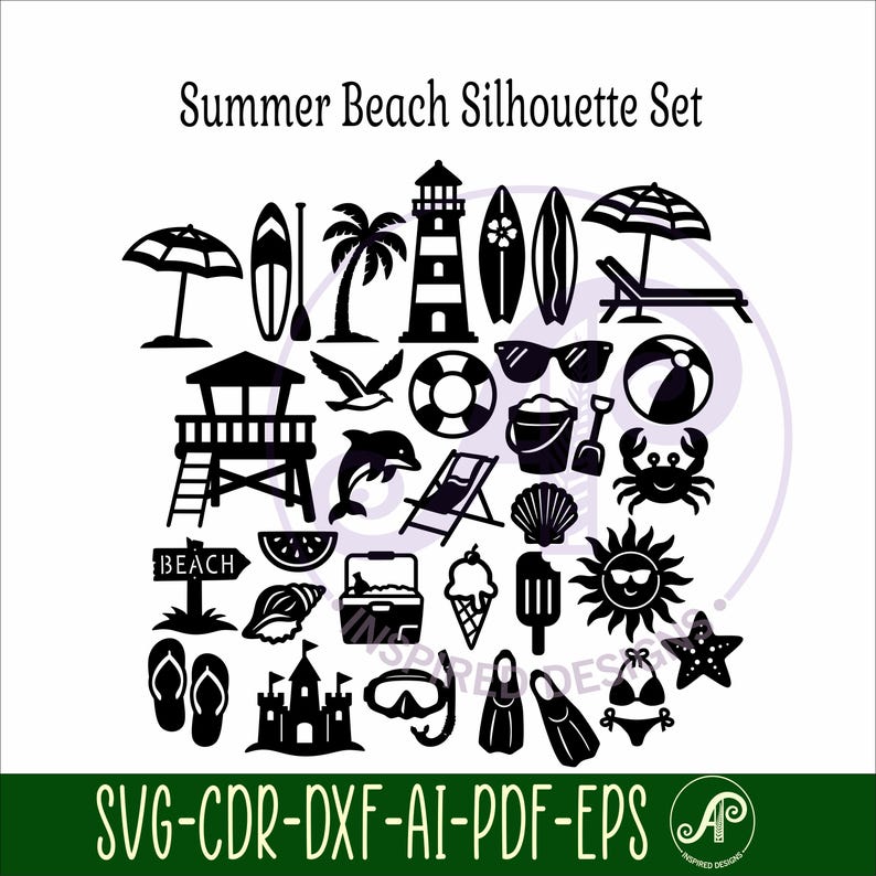 Beach Silhouette SVG Bundle, Summer Laser Cut Files, 30 Beach Icons (Digital Download) image 9