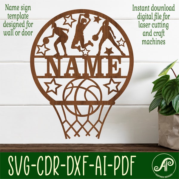 Basketball female name sign, SVG, sport themed door or wall hanger, Laser cut template, instant download Vector file Ai, Cdr, Dxf