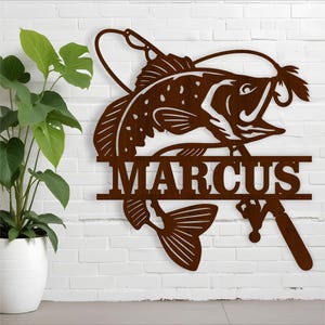 Plantilla de corte láser SVG para letrero con nombre de pesca de lubina, colgador de puerta o pared, archivo vectorial ai, cdr, dxf, pdf, descarga instantánea