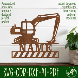 Digger Name sign SVG construction theme laser cut template, door or wall hanger, vector file ai, cdr, dxf pdf instant download