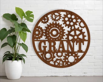 Gears Name Sign: Workshop Decor Laser Cut Template (Digital Download)