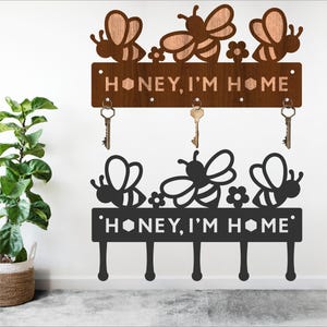 Diseños de llaveros Bee Honey, I'm Home para cortar madera y metal. Archivo cortado con láser. Descarga instantánea de archivo digital.