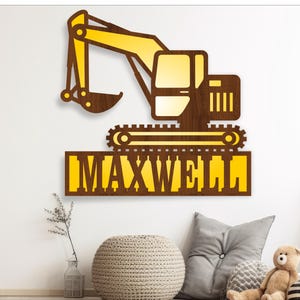 Naambordje graafmachine, SVG, muurhanger bouwvoertuig, lasergesneden sjabloon, instant download vectorbestand Ai, Cdr, Dxf