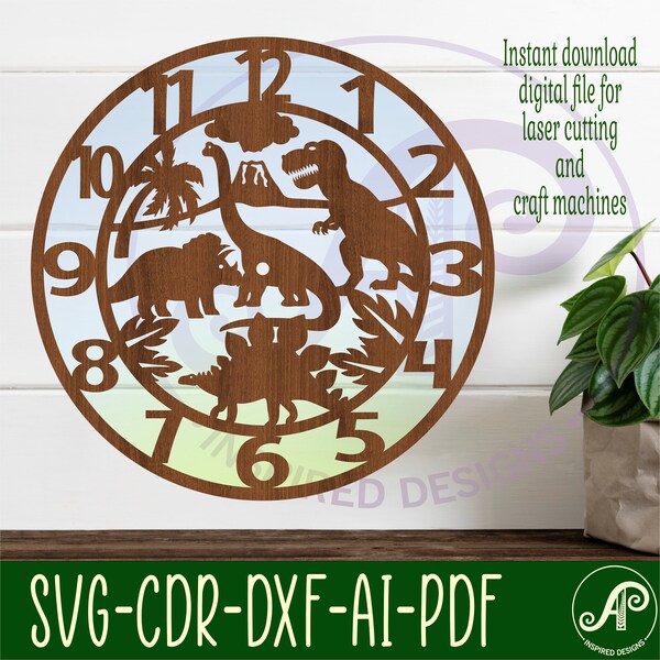 Dinosaur animal wall clock laser cut files, SVG file. vector file ai, cdr, dxf instant download digital design, cut file template