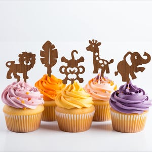 Toppers de cupcakes Safari, 7 diseños cortados con láser SVG, descarga instantánea de plantilla Pdf, Dxf, Ai y Cdr.