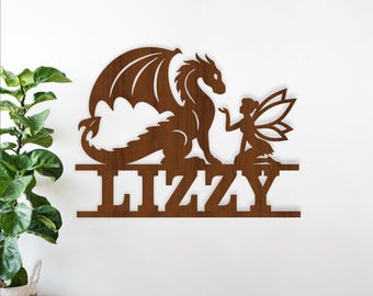 Dragon and fairy name sign SVG - Fantasy Personalized Laser Cut Wall Art (Digital Download)