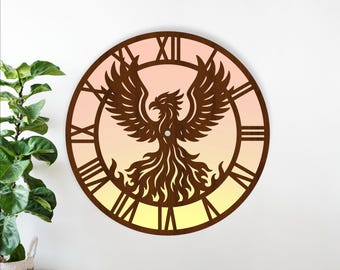 Phoenix Bird wall clock design SVG - Laser cut Firebird on fire clock (digital download)