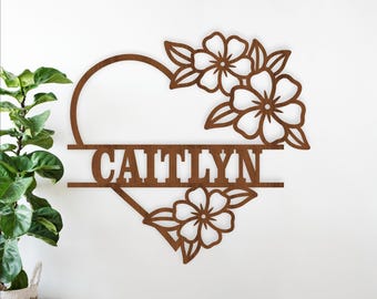 Floral Heart Name Sign - Personalized Flower Laser Cut wall art - Wedding  (Digital Download)