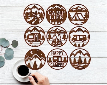 Camping Coaster Set SVG Bundle | Camping & Happy Camper Laser Cut circle Files (digital download)
