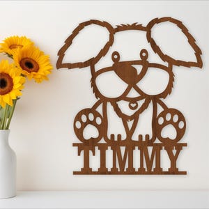 Fluffy puppy name sign, SVG, Cute cartoon dog themed door or wall hanger, Laser cut template, instant download Vector file Ai, Cdr, Dxf