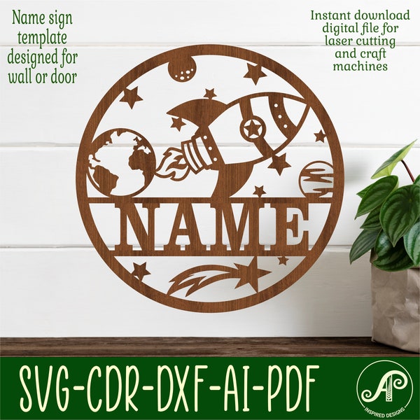 Rocket name sign, SVG, space themed door or wall hanger, Laser cut template, instant download Vector file Ai, Cdr, Dxf