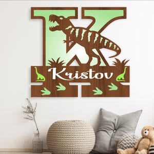 Signos de nombre de letra del monograma T Rex. Archivo cortado por láser SVG de 3 capas, colgador de puerta o pared, archivo vectorial ai, cdr, archivo instantáneo pdf dxf