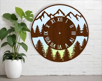 Mountains and forest clock design laser cut files, SVG file. vector file ai, cdr, dxf instant download digital design, cut file template