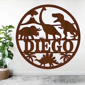Letrero con nombre de dinosaurio para guardería: archivo SVG cortado con láser para letrero personalizado con temática animal. Descarga instantánea de plantilla vectorial.