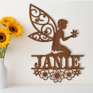 Nome fata dei fiori SVG, arredamento per cameretta a tema fantasy, modello tagliato al laser, download immediato File vettoriale Ai, Cdr, Dxf