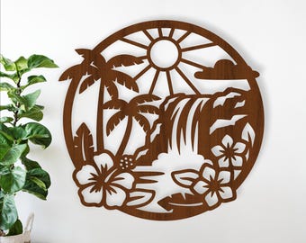 Tropical Waterfall Silhouette Wall sign -laser cut paradise theme home decor art (Digital Download)