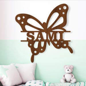 Schmetterling Namensschild SVG Laser Schnitt Vorlage, Tür oder Wand Aufhänger, Vektor Datei ai, cdr, dxf pdf sofort Download