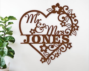 Floral Heart Mr & Mrs Name Sign: Wedding Decor Laser Cut Template (Digital Download)