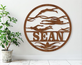 Swimming Name Sign SVG: Sports Wall Decor, Laser Cut File (Digital Download)