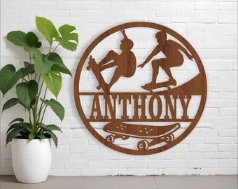 Skateboarder male name sign, SVG, sport themed door or wall hanger, Laser cut template, instant download Vector file Ai, Cdr, Dxf